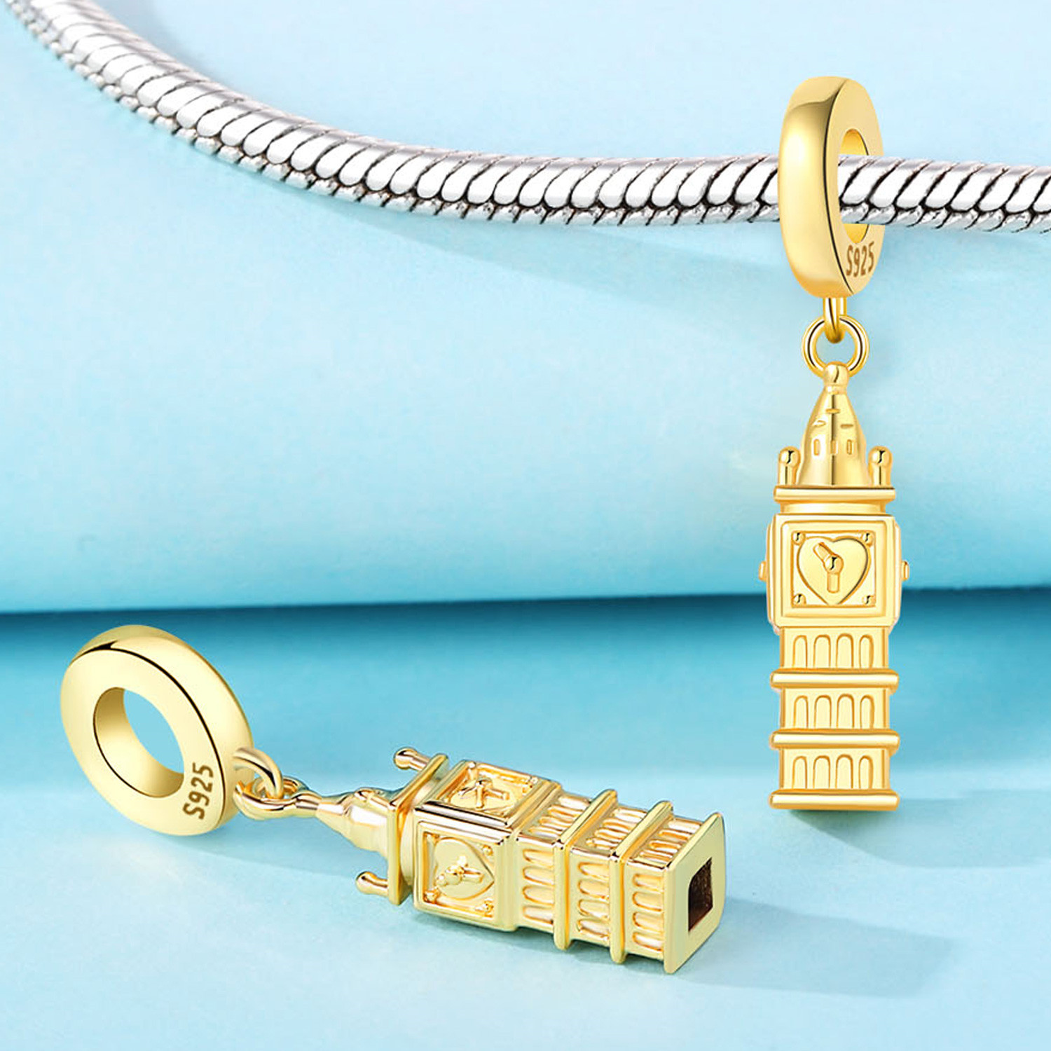 Jewelry Making London - MISEFF オリジナル S925 スターリングシルバーチャームロンドンビッグベンペンダント 18K ゴールドメッキフィットブレスレット