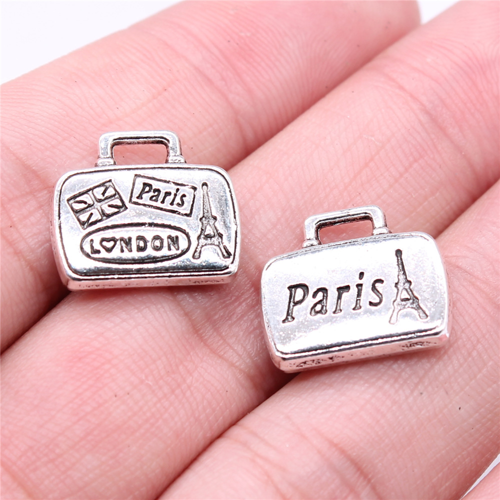 Jewelry Making London - Wysiwyg-ラゲッジバッグチャームペンダント、アンティークシルバーカラー、観光地のお土産、パリ、ロンドン、DIYジュエリー作り、16x14mm、5個