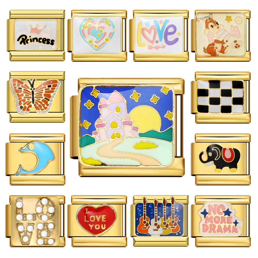 Jewelry Making Newcastle - リング-日曜大工のジュエリー作りのためのステンレス鋼ビーズ、イタリアのチャームリンク、ゴールドカラー、蝶、象、城、バイオリン、9mm、新しい潮